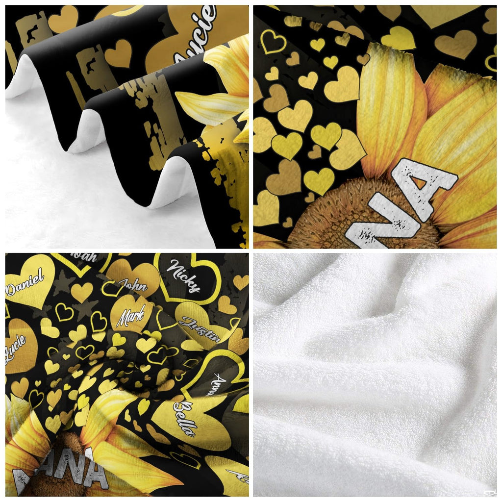 Four-panel graphic showcasing close details of sunflower petals, golden hearts, and reverse side.