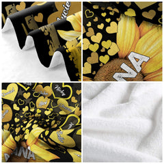 Four-panel graphic showcasing close details of sunflower petals, golden hearts, and reverse side.