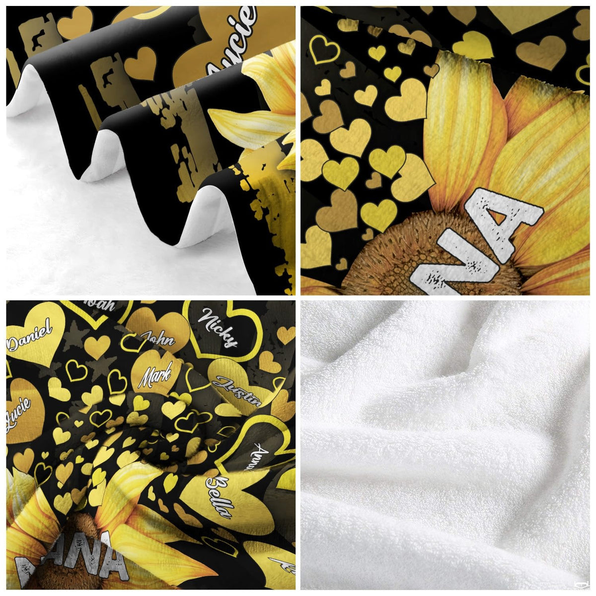 Four-panel graphic showcasing close details of sunflower petals, golden hearts, and reverse side.