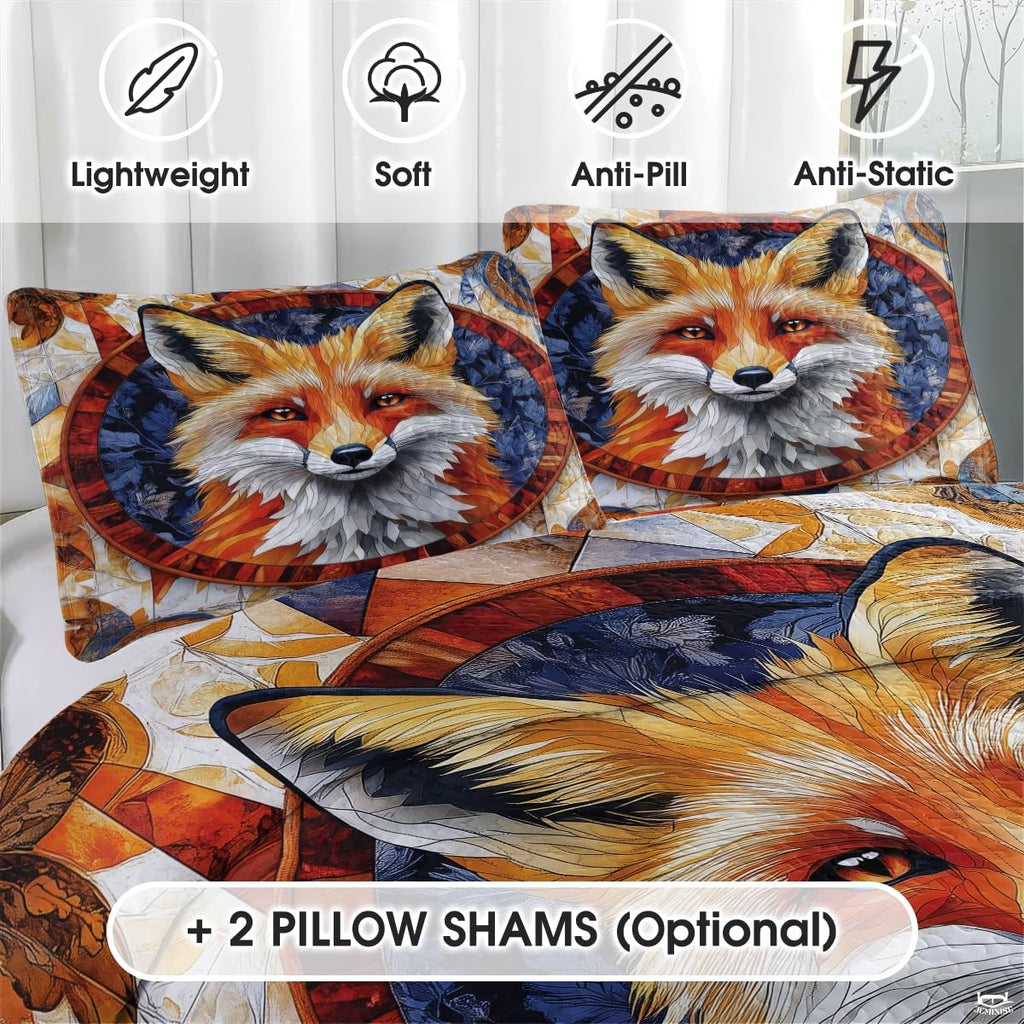 Fox Patchwork Pattern Quilt Set, Animal Quilt Set Patchwork Style, Premium Quilt Pattern Bedspread for Mom Daughter, Fox Bedding Quilt (Full/Throw/Queen/King/Twin Size)