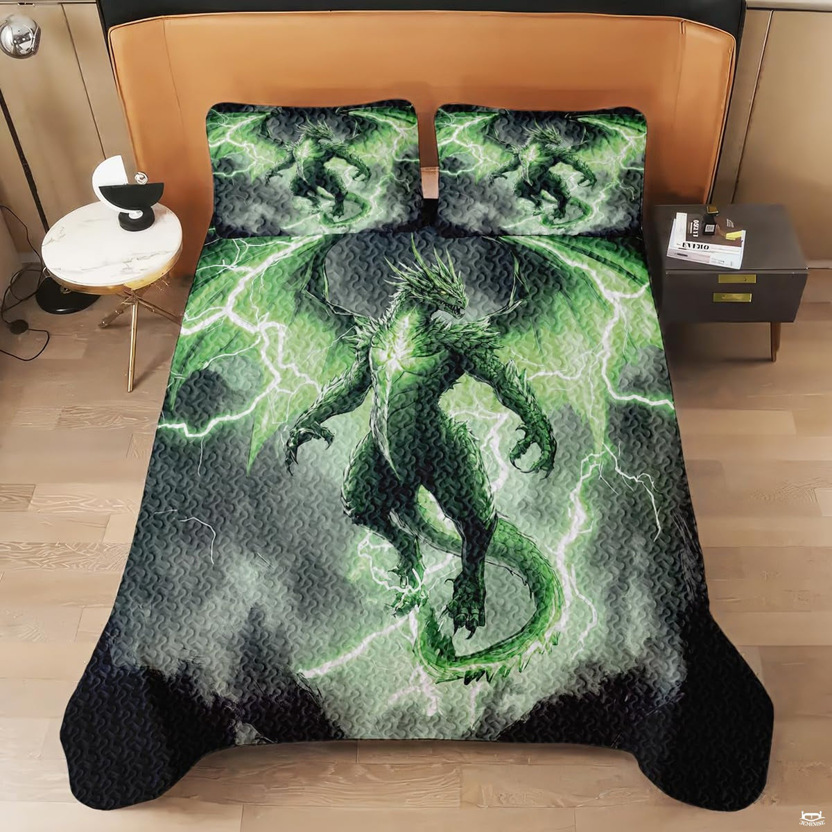Overhead view of green winged dragon surrounded by white lightning
