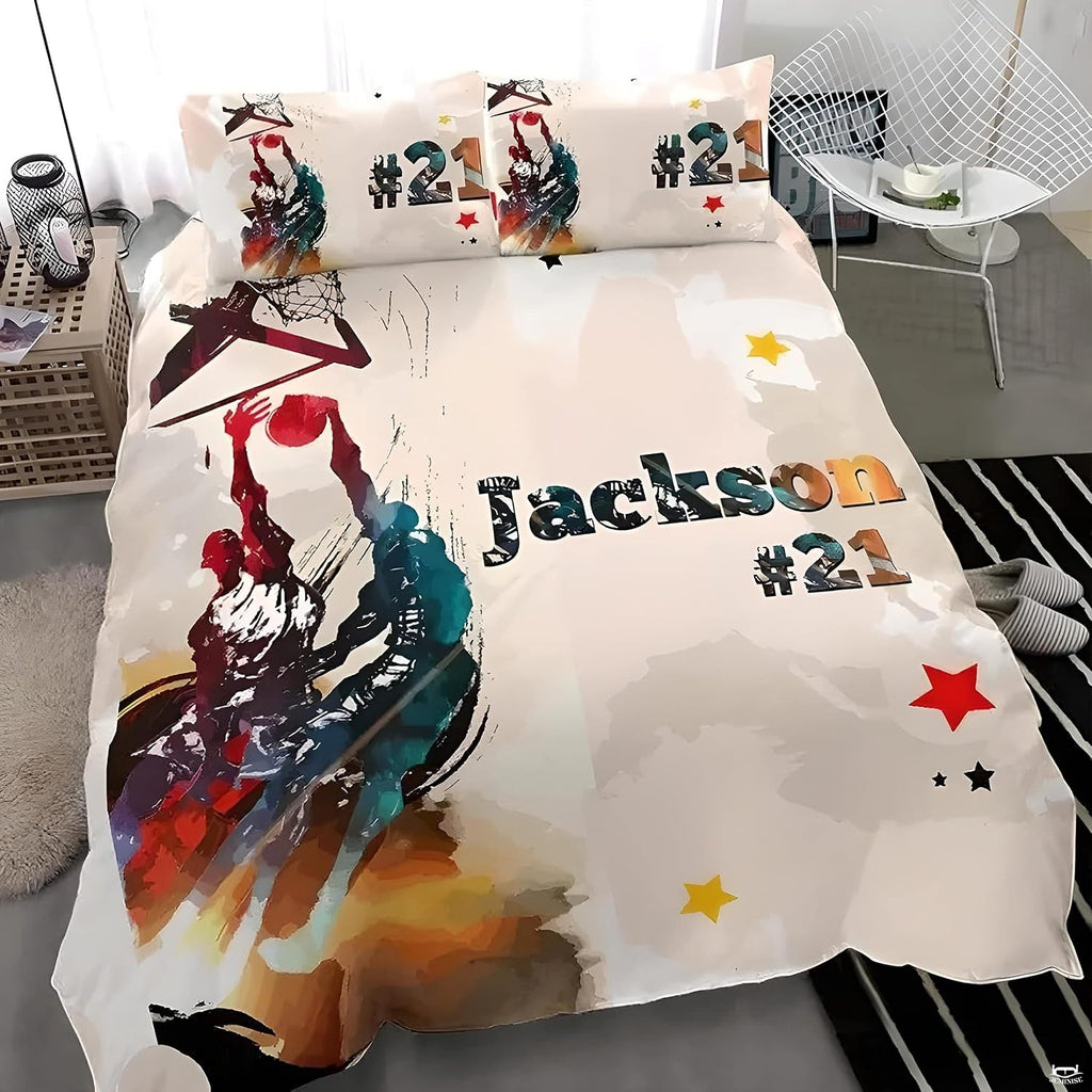 Watercolor basketball players and stars sports bedding set featuring painterly crimson and teal player silhouettes