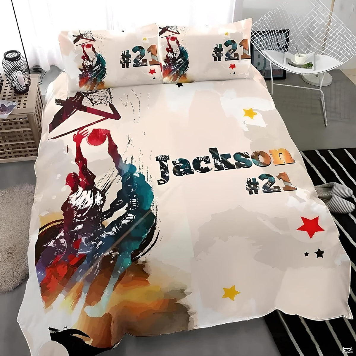 Watercolor basketball players and stars sports bedding set featuring painterly crimson and teal player silhouettes