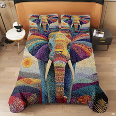 Bedroom view of elephant bedding set accompanied by complementary bohemian and rustic interior decor accents.