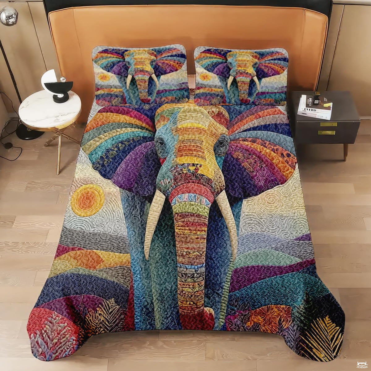 Bedroom view of elephant bedding set accompanied by complementary bohemian and rustic interior decor accents.