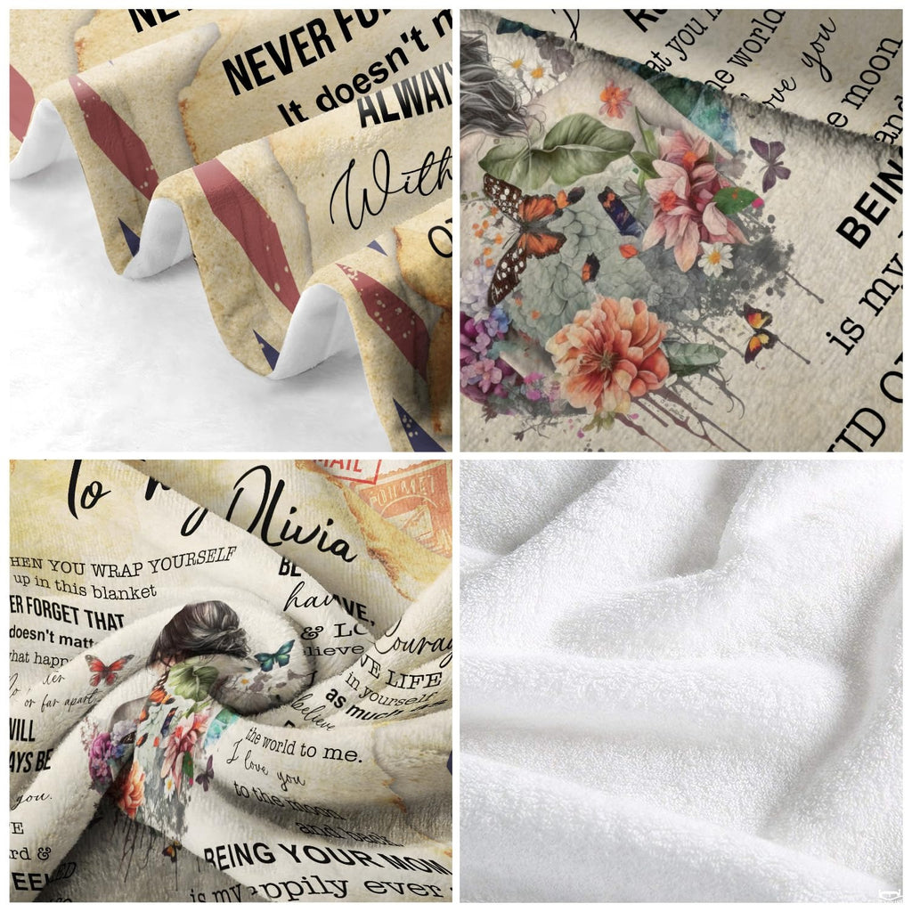 Mother daughter airmail throw blanket view 5 highlighting postal cancel stamps, floral art, and parchment