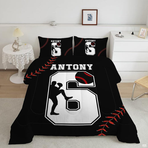 Varsity baseball bedding displaying oversized athletic number with integrated pitcher silhouette and red lacing tracks