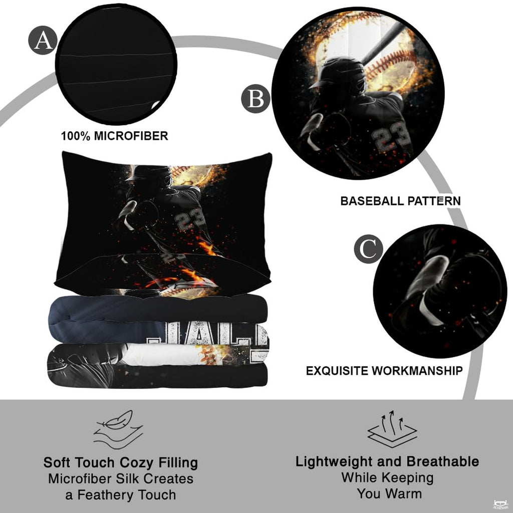 Matching pillowcase detail for baseball bedding set showing coordinating batter graphic and space nebula print