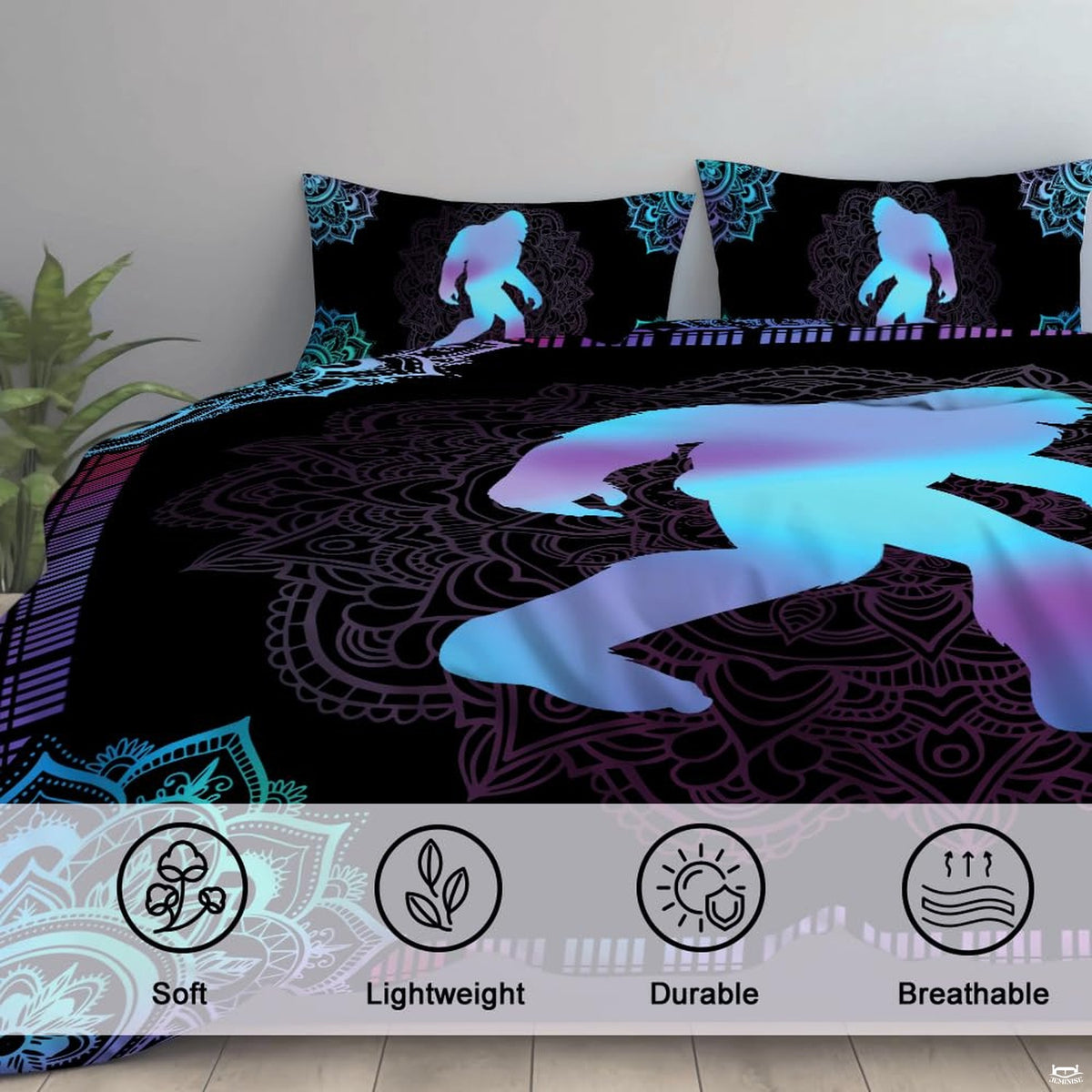 Corner fold view of mandala bedding highlighting vibrant cyan and purple graphic printing