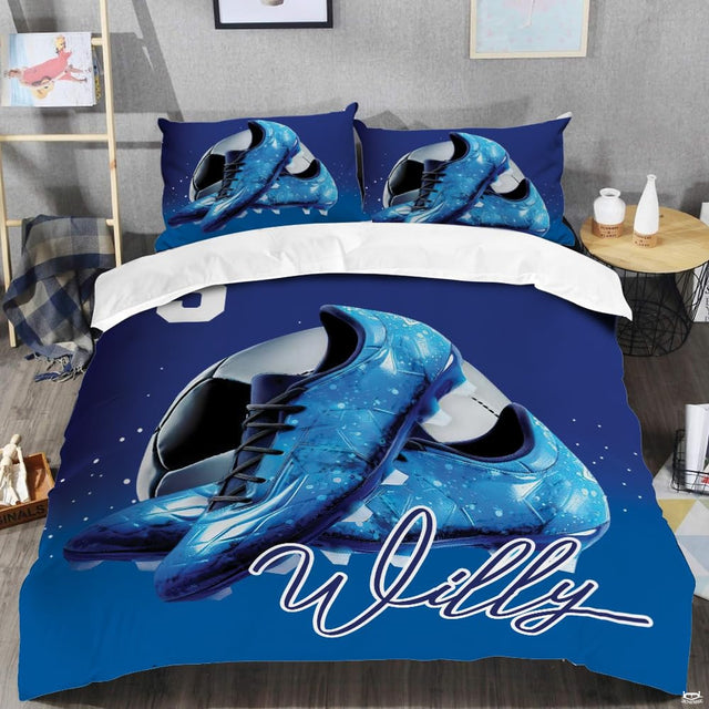 Close-up perspective of soccer bedding detailing azure cleats, dynamic field streaks, and bold typography