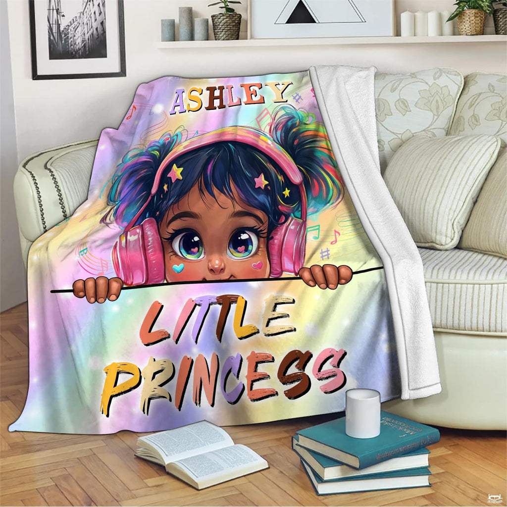 Music headphones girl throw blanket view 2 highlighting rainbow hair, pink headphones, and pastel backdrop
