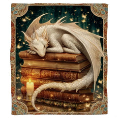 Living room display showing white dragon and spellbook graphic draped over modern home seating.
