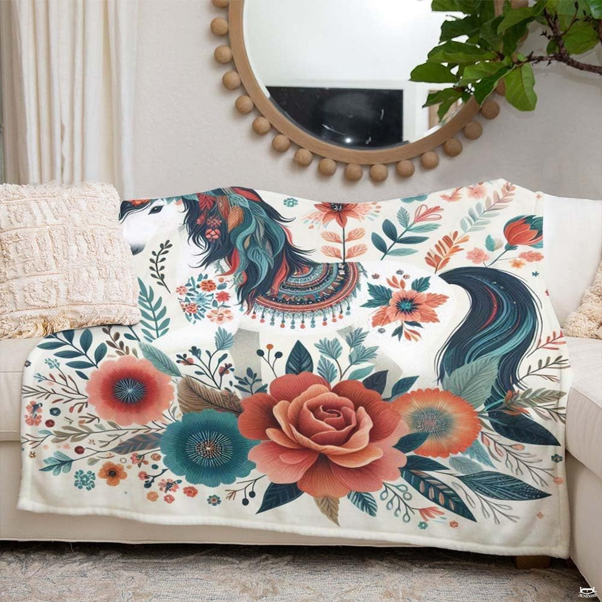 Bohemian floral unicorn folk throw blanket styled across contemporary bedroom bed