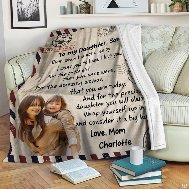 To my daughter throw blanket view 2 highlighting airmail postage stripes, cancel stamps, and sepia paper