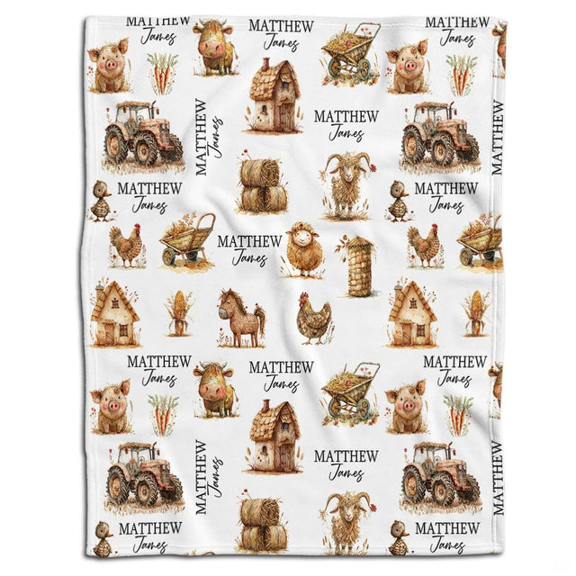 Farm animals and vintage tractor nursery throw blanket featuring piglets, calves, and barn pattern