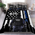 Rear-facing tactical figure over a black-and-white flag, blue stripe, white stars, and city skyline