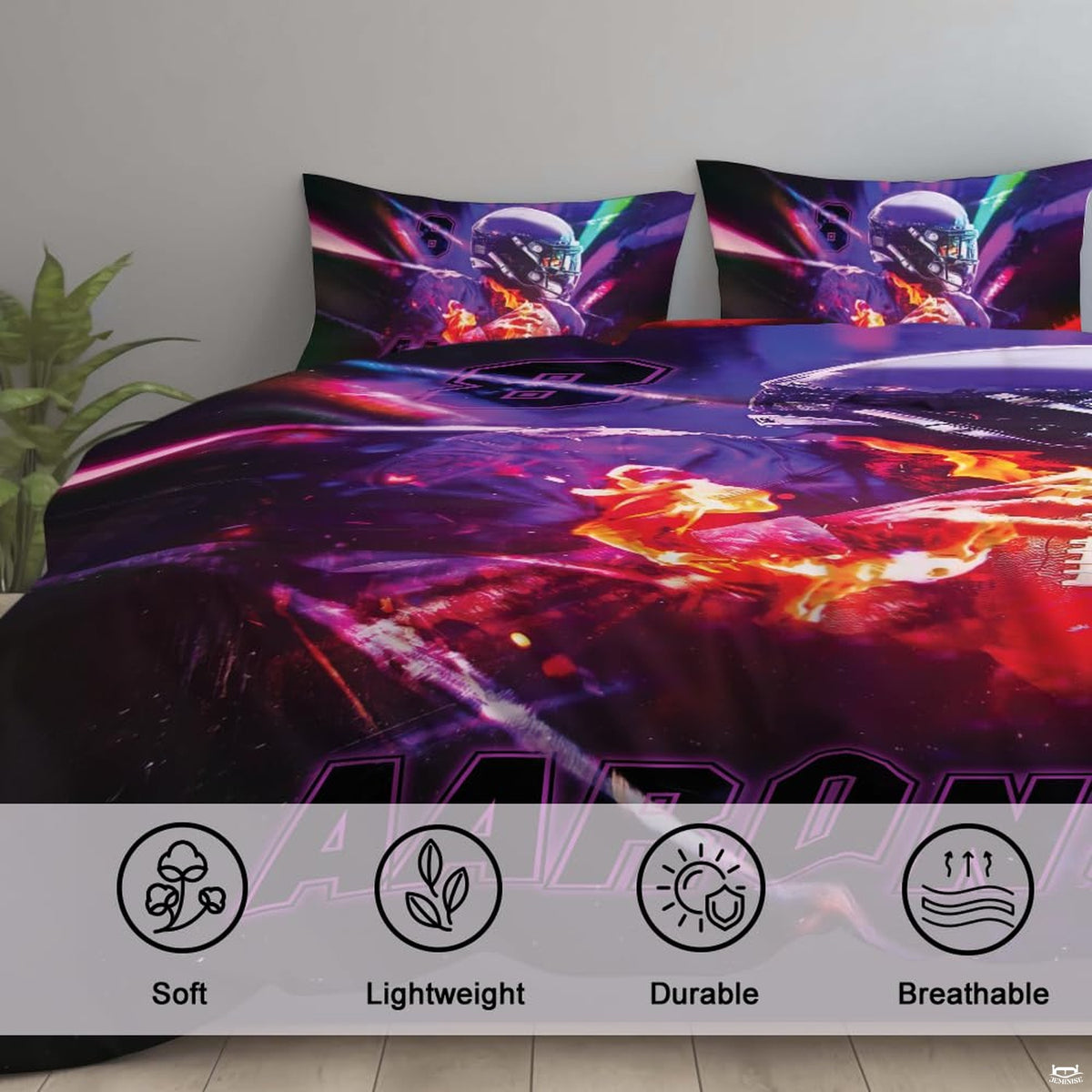 Angle view of football sports bedding illustrating vivid amethyst and deep plum gridiron graphic textures