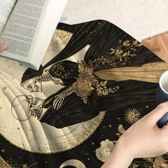 Celestial moon and starry sky illustration in sepia tones on dark romance bedding set.