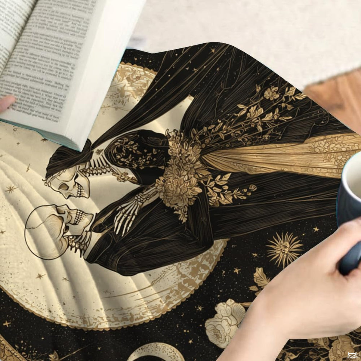 Celestial moon and starry sky illustration in sepia tones on dark romance bedding set.