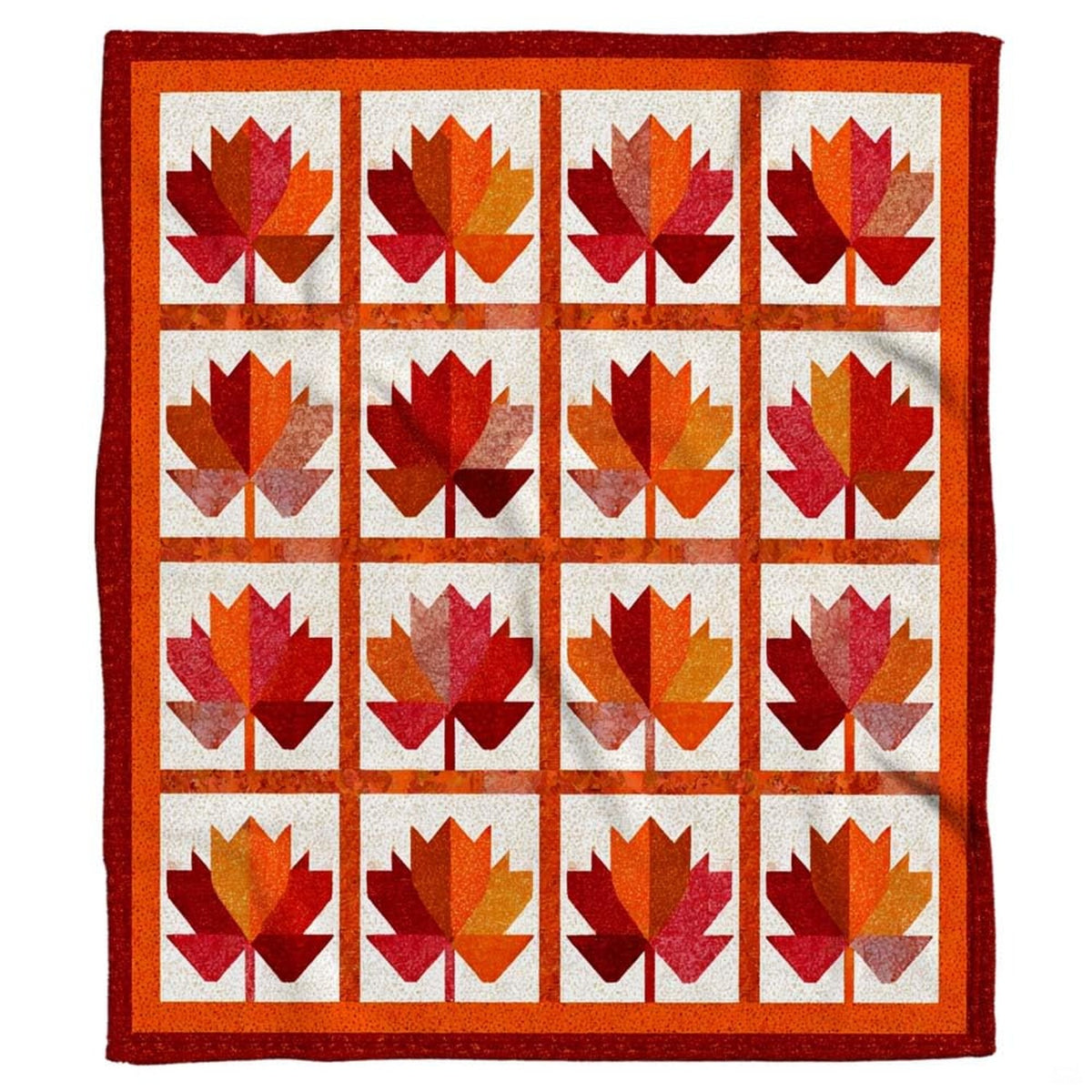 Autumn maple leaf geometric grid throw blanket featuring faceted crimson and amber leaf panels on speckled ivory