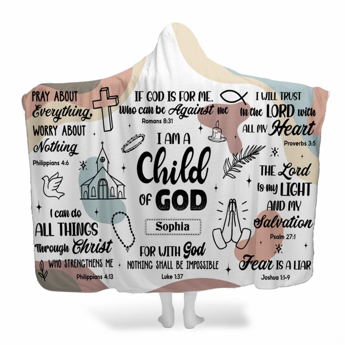 Bedding visual design detail showing sacred biblical lettering with blush and slate color blocks.