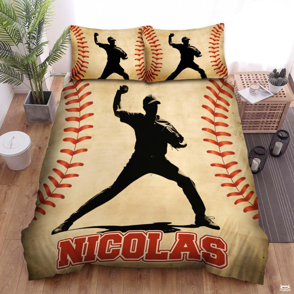Personalized Baseball Bedding Full Size Flag Custom Name Duvet Cover Set Sport Decor Sports Comforter Bed Set (Baseball Pitcher)