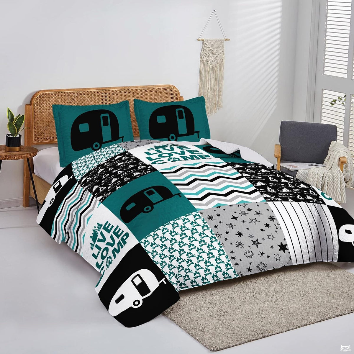 Teal and black rustic camper bed cover for tacoma decor inspiration with campfire and trailer block patterns.