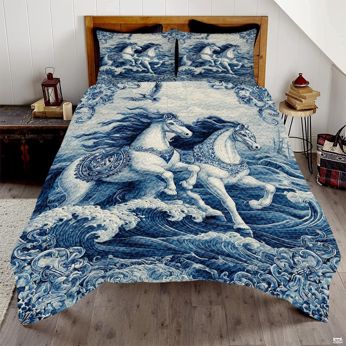 Overhead bedroom view of Delft blue porcelain galloping horses bedding on bed.