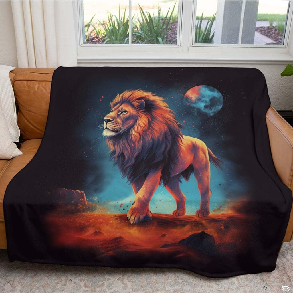 Close-up perspective of glowing red-and-blue celestial moon and lion mane on blanket