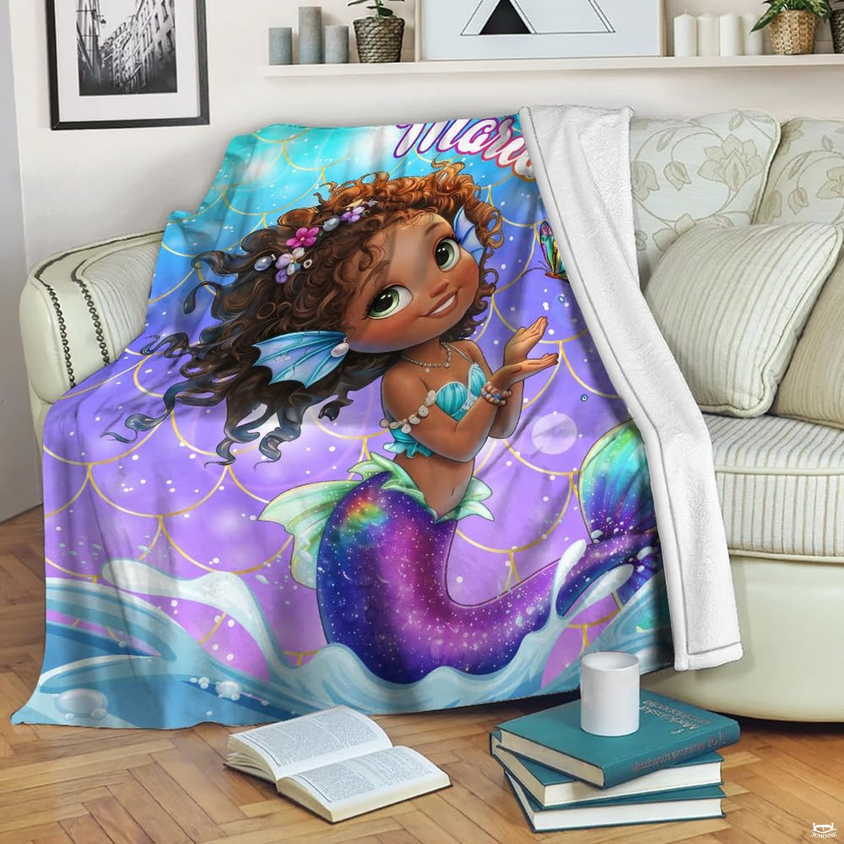Kids mermaid bedroom decor displaying whimsical cartoon Black mermaid artwork and glowing golden scales.