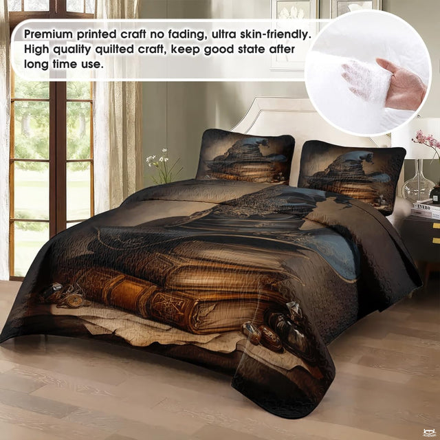 Vintage witch bedding in a softly lit bedroom