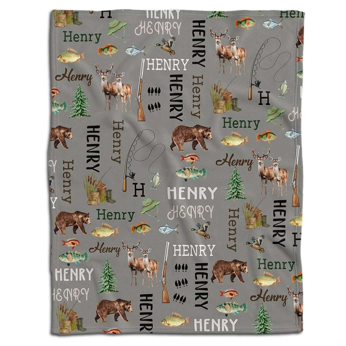 Duck hunting bedding set visual with watercolor deer, bears, and mallards on grey backdrop.
