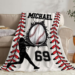 Close-up of baseball themed bedding detailing red seam graphics and cracked background visual effects.