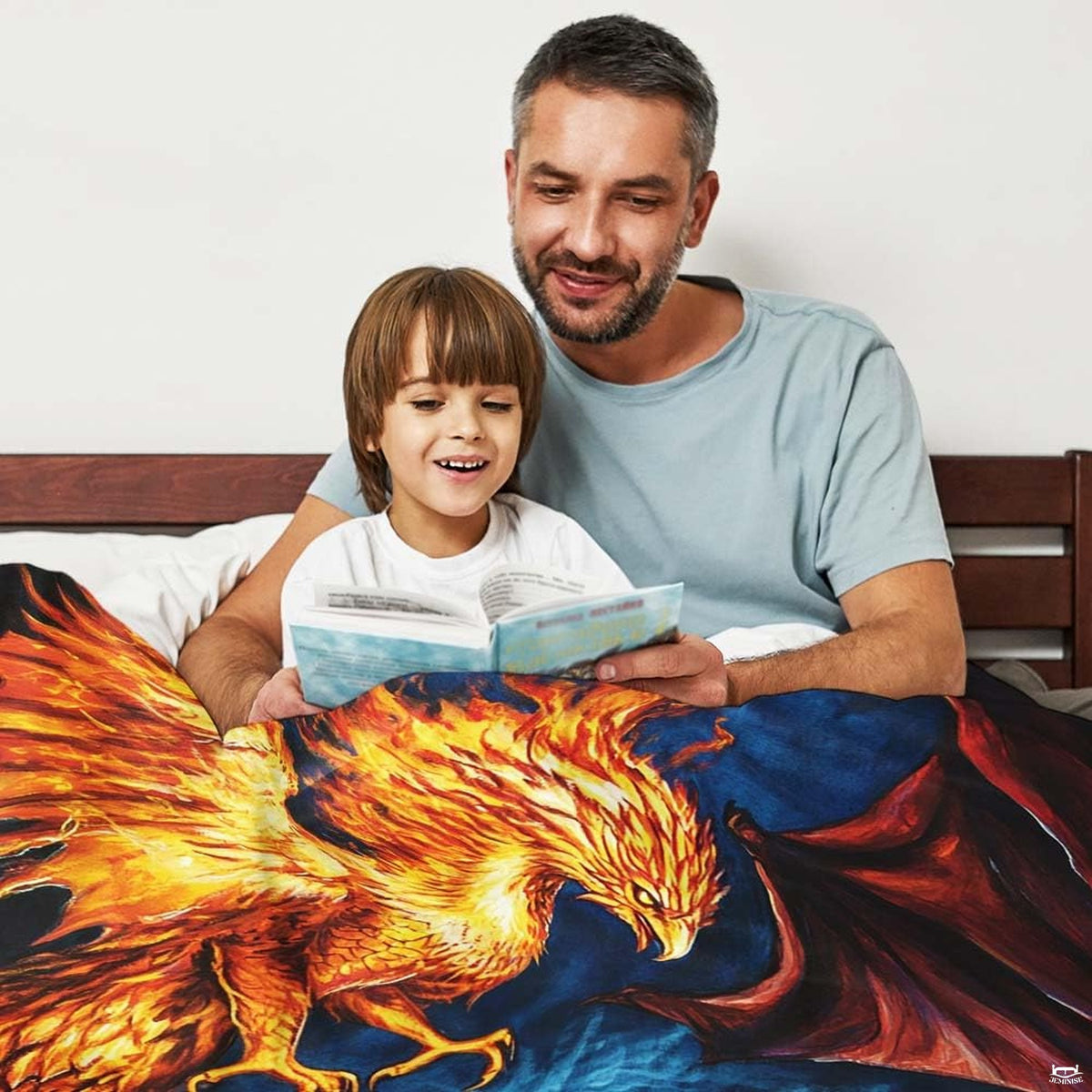 Neatly folded phoenix dragon throw blanket highlighting precise edge hem stitching and vibrant art print.