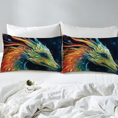 Overhead view of rainbow celestial dragon bedding styled colorfully across an interior bedroom bed arrangement