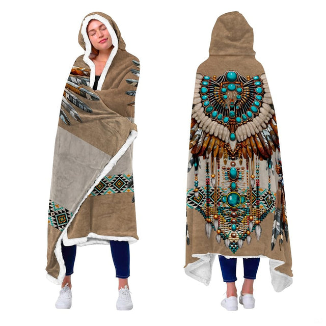 Front and back view of model wearing the Southwestern turquoise feather tribal hooded blanket.