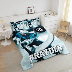 Close-up perspective of hockey bedding highlighting goalie silhouette, ice spray effects, and equipment graphics