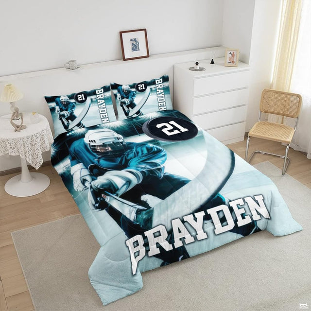Close-up perspective of hockey bedding highlighting goalie silhouette, ice spray effects, and equipment graphics