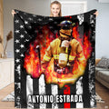 Firefighter bedding set showcasing brave hero silhouette against fiery flames and patriotic thin red line flag art.
