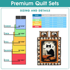 High-angle perspective of black cat and pumpkin bedding set highlighting bold contrast between black and orange tones.