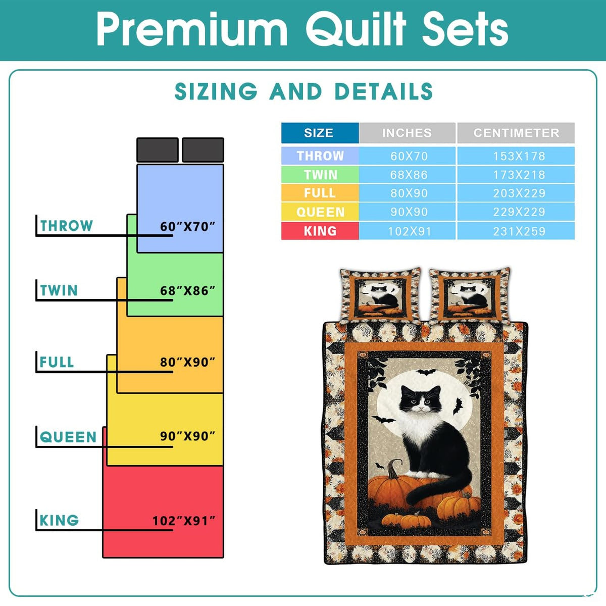High-angle perspective of black cat and pumpkin bedding set highlighting bold contrast between black and orange tones.