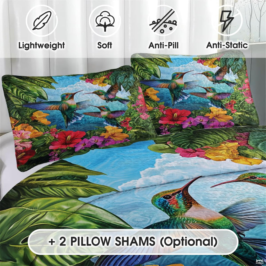 Close view of hummingbird and tropical flower pillow artwork