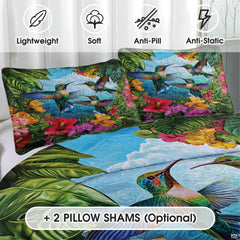 Close view of hummingbird and tropical flower pillow artwork