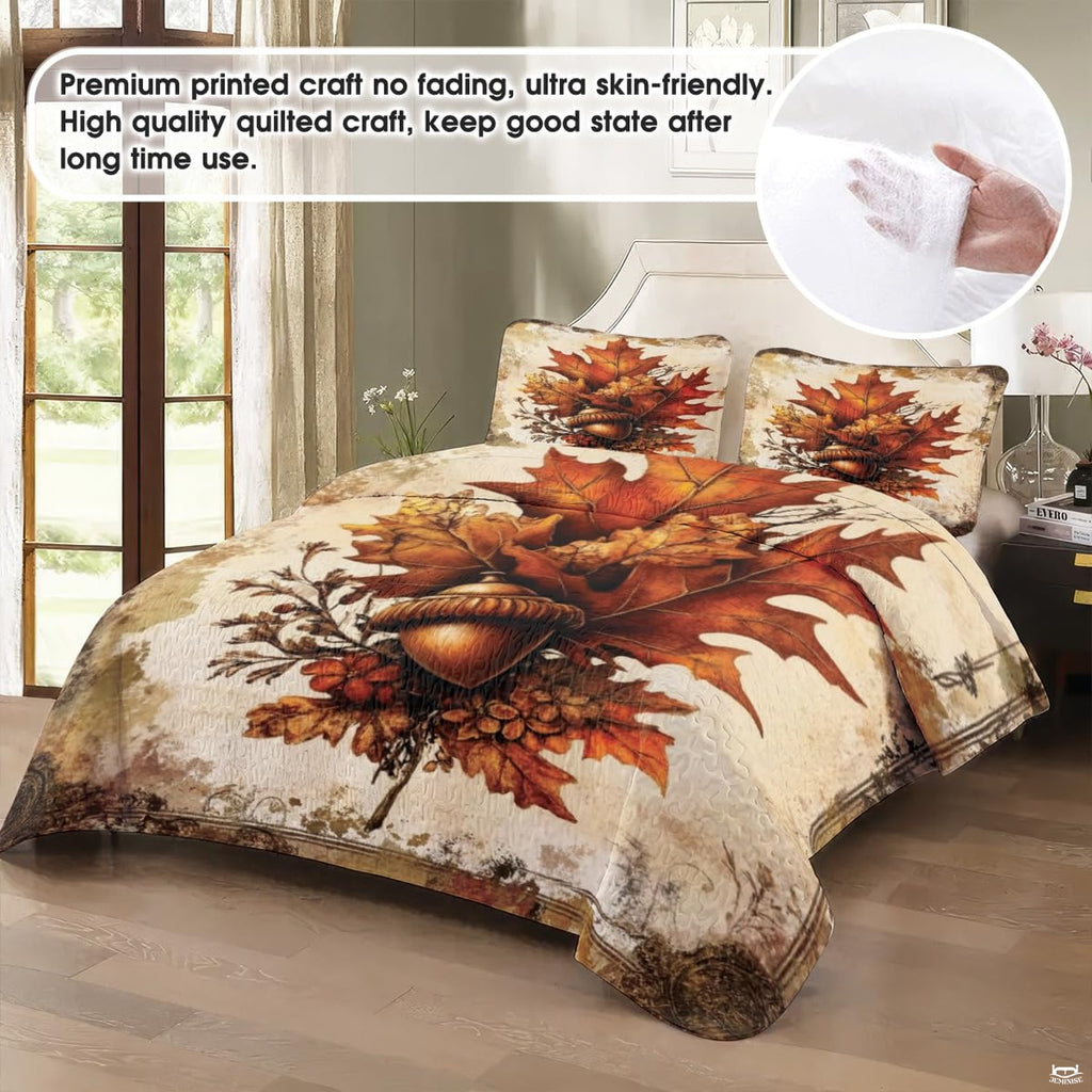 Top-down view of vintage maple leaf bedding set arranged neatly on a wooden bedroom frame