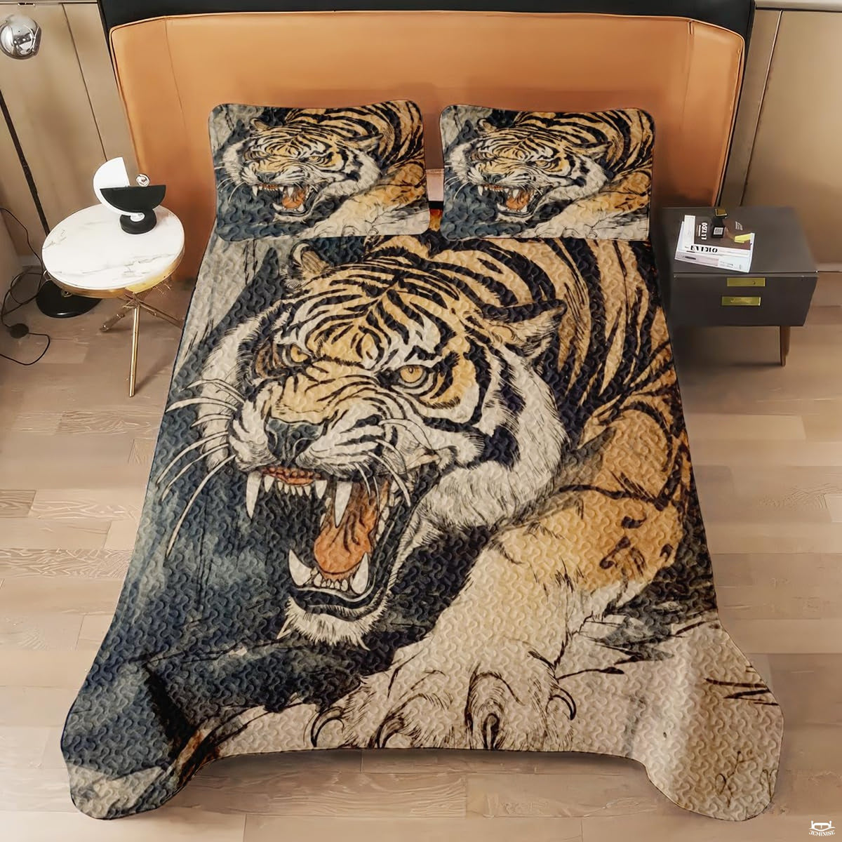 Top view of roaring tiger bedding in tan black and cream