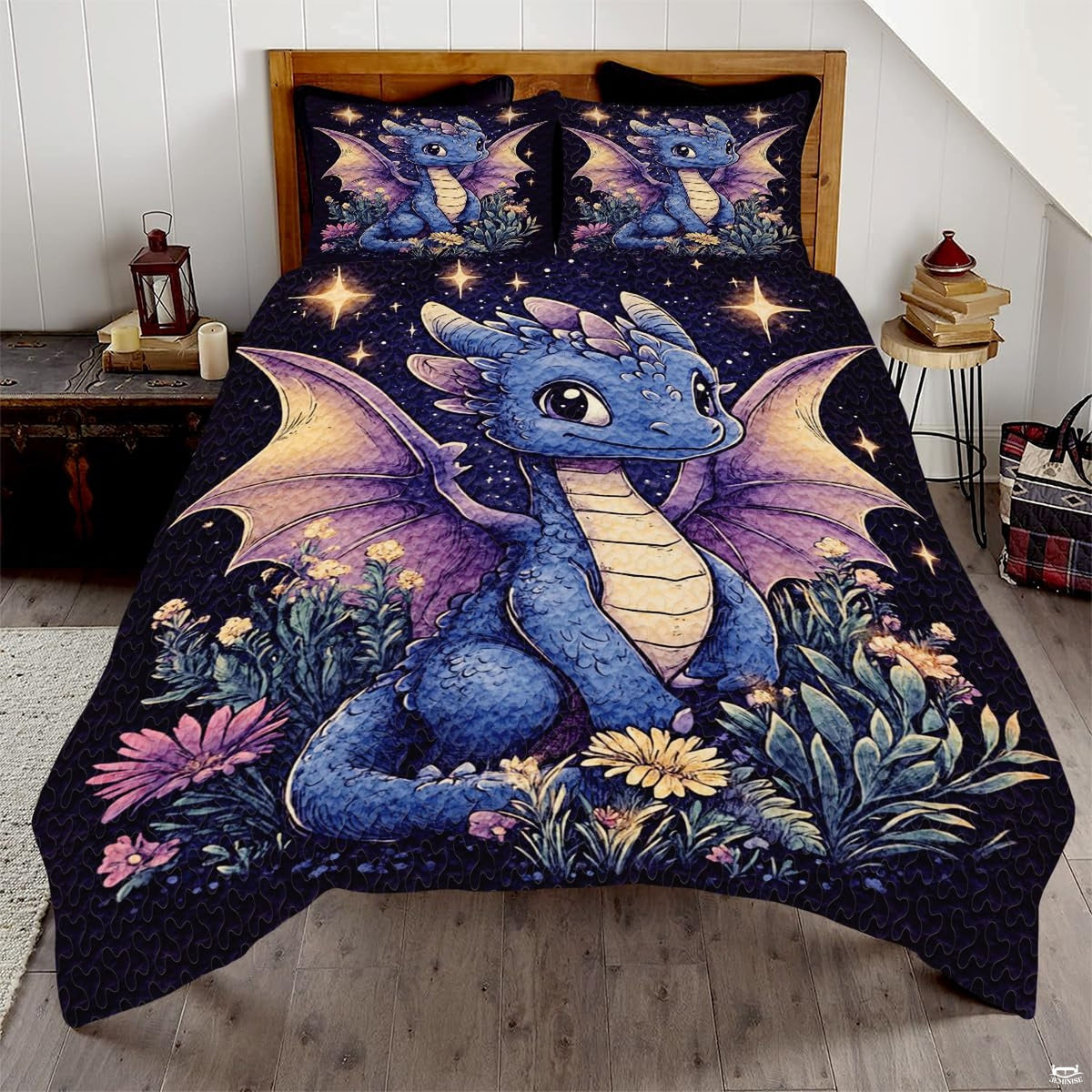 Sapphire baby dragon mythical fantasy bedding set displayed on a bed in a whimsical bedroom