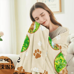 Dimensions guide and home placement diagram displaying the pet remembrance throw blanket.