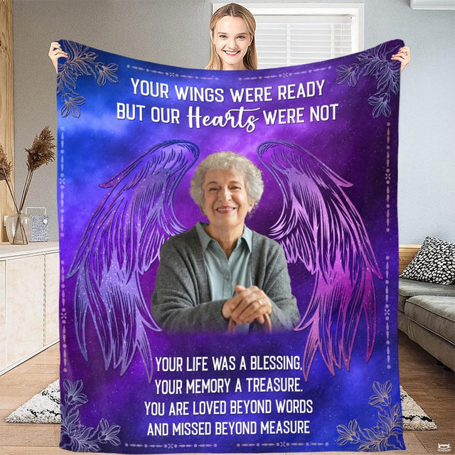 Celestial purple angel wings memorial photo blanket showing feathered wings and galaxy backdrop view 1