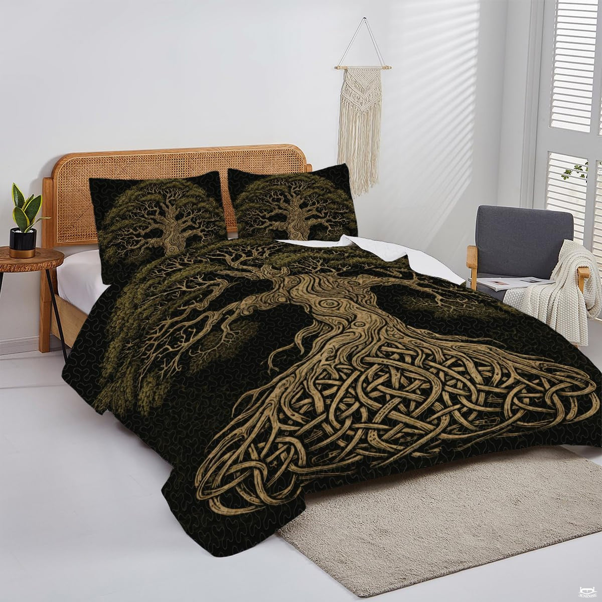 Stylized artistic tree branches and roots displayed across bedding centerpiece in earthy tan and olive hues