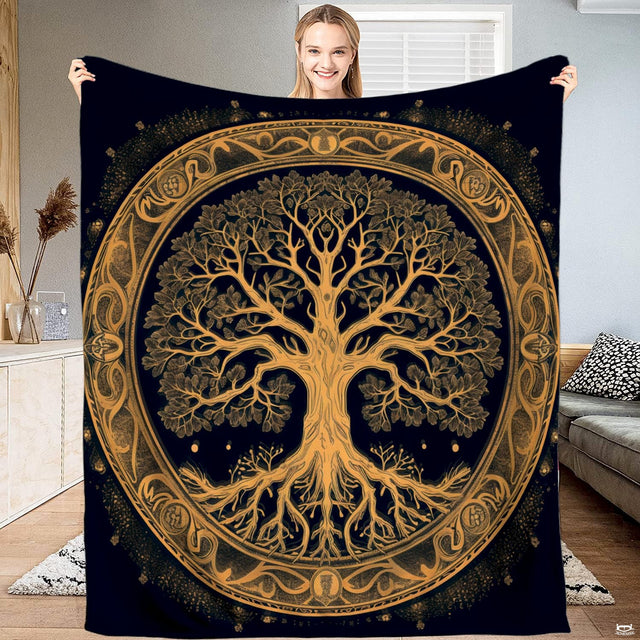 Celtic Tree of Life medallion throw blanket displaying intricate golden branches and roots on black